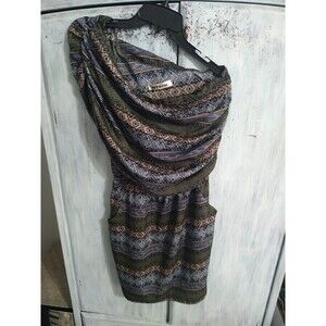 Mystic One Shoulder Pocketed Dress Medium Boho Beachy Geometric Aztec